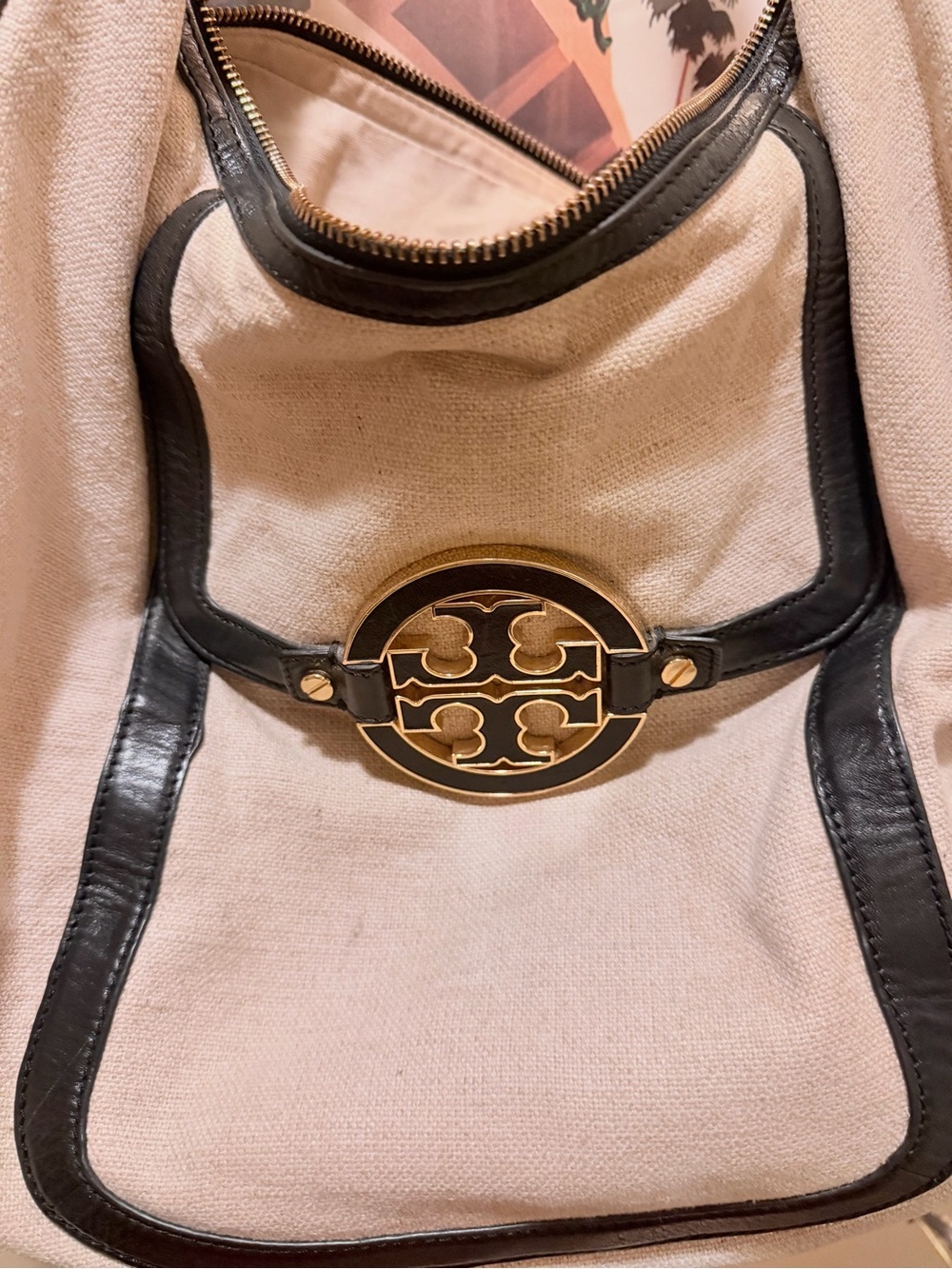 Tory Burch Cream Canvas Tote with Black Trim and Gold Logo Medallion